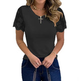 Shirts for Women Casual Summer O Neck Short Sleeve Tops Lace Patchwork Design Slim Fit Pullovers Top 2021 Blusa
