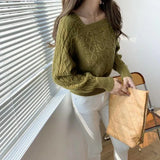 Women Fashion Slim Square Collar Long Sleeve Knitting Solid Simple Soft Cozy Tender Design Ulzzang Feminine