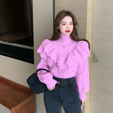 2021 New Arrival Sweet Ruffles Turtleneck Sweaters Vintage Elegant Autumn Winter Crop Pullovers Streetwear