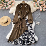 Design Fashion Irregular Dress Women Chic Splice Floral A-line Dresses Autumn Korean Streetwear Midi Dress 2021