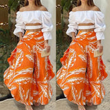 Set Women Solid Slash Neck Full Sleeve Off Shoulder Tops Two Piece Sets Loose Casual Print Long Pants High Waist 2024-Outfit