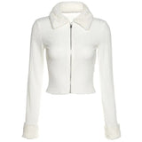 Winter Vintage Zip Up Fake Fur Callar Knitted Cardigans Fashion Solid Slim Long Sleeve Cropped Tops Sweet Jackets