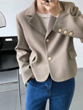 Gold Button Detailed Lapel Button Up Crop Blazer Blue / Khaki Spring Women Short