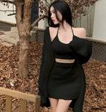 Korean Autumn Winter Mink Cashmere Knitted 3 Piece Set Women V-Neck Long Sleeve Cardigan Coat+Sexy Vest+Mini Skirt
