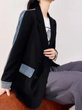 Women's Blazer Notched Collar Patchwork Denim Double Breasted Panelled Elegant Suit Jackets 2024 Summer New Fashion 29L3200-Outfit