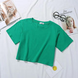 Summer Short Sleeve T Shirts Women Cotton Solid T-shirt O Neck High Waist Crop Top Tee Female Casual Loose T Shirt-Outfit