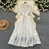 Retro Court Dress Women's Waist Thin Temperament Bubble Sleeve Lace Splicing Big Swing Dress