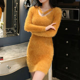 Mink Furry Sweater Women Autumn Winter Embroidery Elasticity Knit Bottoming Pullover Hippocampus Sexy Package Hip