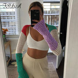 Patchwork Sexy Crop Top Long Sleeve Backless Summer 2021 Vintage Beach Knitted T Shirt Casual Party