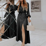 2022 Fashion Casual Long Vestidos Satin Wrap V-neck Long Puff Sleeve Maxi Dresses Women Elegant Pleated Split Party
