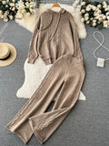 Women Drawstring Hooded Sweater Two Pieces Sets Irregular Loose Tops+Draped Wide Leg Trousers Winter OL Knit