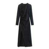 Collar Split Dresses Women Fashion Solid Ong Sleeve Long Dress 2022 Autumn Elegant Ladies Party Evening