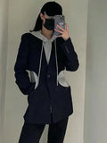 Loose Spring Blazer For Women Hooded Collar Long Sleeve Patchwork Colorblock Blazers Female Fashion Clothing