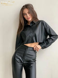 Fashion Slim Black Two Piece Sets Womens Outifits Sexy Bodycon Long Sleeve Crop Shirts With High Waist Pant Sets