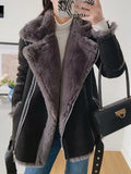 VAREY LIN Winter Women New Overcoat Faux Leather Fur Splicing Leather Coat Moto Bike Loose Jacket Snow Warm Outwear with