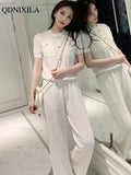 Summer Sweet Women's Pants Set Casual Stripe Elegant Fashion Short Sleeve Knit Top T-shirt Loose Wide Leg Pants 2-piece