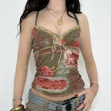 Girls Retro Plant Printing Ribbon Strap Bow Tie Lace Splice Belt V-Collar Jacket Small Vest-Outfit