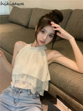 Women Clothing Summer Crop Tops O-neck Sleeveless Chiffon Tanks Fashion Ruffles Korean Camis Temperament Vest 2023 Ropa
