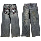 Skull Embroidered Baggy Jeans Hiphop Hip Hop Street Retro Trousers With Old Wide Legs-Outfit