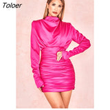 White Long Sleeve Slim O-Neck Dress Sexy Casual Mini Dress Zipper Color Solid Pleated