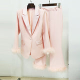 New Fashion Temperament Real Feather Ostrich Hairy Blazer Nine-Point Trouser Suit Two