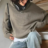 Winter Women Casual Pullover Sweater Letter Embroidery Hooded Long Sleeve Loosed 2023 Army Green Basic Streetwear-Outfit