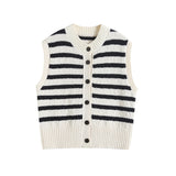 French Lazy Style Black And White Striped Knitted Vest In Autumn-Outfit