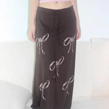 Knitted Low Waisted Fairycore Long Skirts Y2k Bow Print Midi Skirts Women Korean Chic Outfits 2000s Chic New-Outfit
