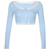 Lace Patchwork Crop Top Women T Shirts Knitted Slim Tee Tops Button Cardigan Blue Cute Tshirt Autumn Long Sleeve