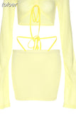 Y2k Sexy Two Piece Short Sets Womens Outifits Yellow Off Shoulder Long Sleeve Crop Top and Skirts Sets