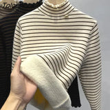 Thicken Striped Plus Velvet Turtleneck Sweater Women's Slim Warm Soft Knit Pullover Fleece Lined Bottoming Jumper