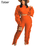 Solid Tassel Fringe Patchwork Short Sweater Top Knitted Two piece Set Pants Set Warm Thick Outfits Women Winter