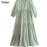 2023 Bohemian Floral Printed Women Dresses Fashion Retro Long Sleeve Holiday Beach Dress New Summer V Neck Lace Up
