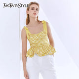 Causal Vest For Women Square Collar Spaghetti Strap Print Sleeveless Hit Color Ruffles Vests Female