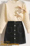 Detachable bear Sweater Winter Suits Women 2 Piece Set Sweet Red Loose Sweaters + PU Skirt Button Office Lady Skirt