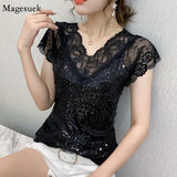 Summer Sexy Lace Women Blouse New V Neck Glitter Sequin Gauze Patchwork Tops Elegant Short Sleeve Slim Black T-shirt