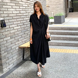 Fold Pleated Oversized Dress For Women Stand Collar Short Sleeve Loose Solid Midi Dresses Female Fashion