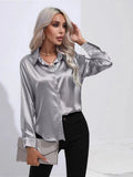 Satin Shirt Satin Imitation Silk Long-Sleeved Pure Color Elegant Button Front Lapel Shirt-Outfit