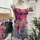 Shoot 辣tie Bra Irregular Sling Sling Vest Slimming Print Mesh Sleeveless Top