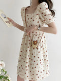 Japan Style Printing Square Collar Short Puff Sleeve Party Floral Mini Dress Elegant Evening Summer 2023 Women