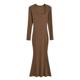 Sexy Square Collar Knitted Cotton Maxi Long Mermaid Dress Women Full Sleeve Stretch Basic Bodycon Fishtail Robe Vestido-Outfit