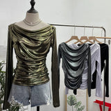 Real Shooting Stacking Long-Sleeved Pile Folded Shoulder T-Shirt Metal-Sclide T-Shirt