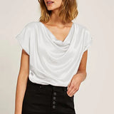 Celmia 2022 Stylish Women Short Sleeve Satin Tops Summer Blouse Cowl Neck Tunic Shirt Elegant Casual Solid Party Blusas