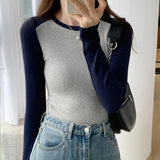 Shoulder Long-Sleeved T-Shirt Women's Spring And Autumn Color Foreign-Style Blouse Thread Slim Short Style Bottomed Blouse Trend-Outfit