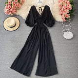 Vintage Blue/Black/Yellow Romper Women Casual V-Neck Short Puff Sleeve High Elastic Waist Elegant Wide Leg Jumpsuits Female