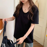 And Autumn New U-Shaped Collar Open Fork Medium-Long Loose Casual White Long-Sleeved T-Shirt-Outfit