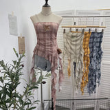 Graffiti-Printed Shoulder-Threin Mesh Long-Sleeved Blouse Side Drawstring Tethered With Slime T-Shirt