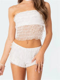 Women Layered Ruffles 2 Piece Summer Outfits Lace Mesh See Through Off Shoulder Tube Tops Shorts Club Streetwear 2024-Outfit