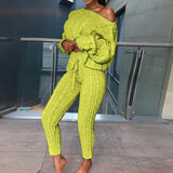 Winter Women Knitted Tracksuit Two Piece Set Women Sweater Tops + Elastic Waist Pant Knitted Suit Women Two Piece