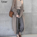 Women Hot Sale Autumn Knitted Loose Sweater Extreme-long Pockets Solid Simple Warm All-match Outerwear Casual